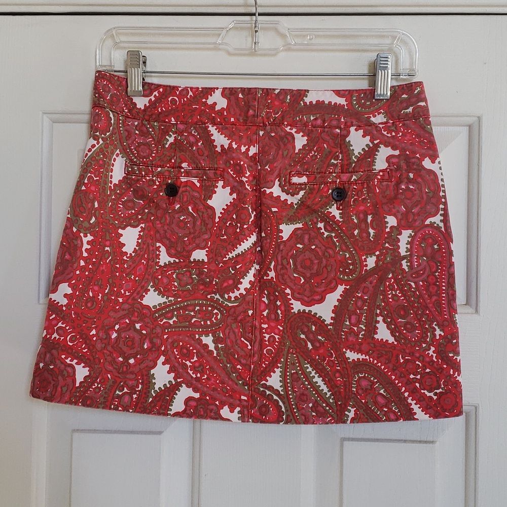 Vintage J.Crew Paisley Cotton Mini Skirt Red Pink Size 2 Pockets - Picture 3 of 13
